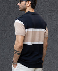 Navy & Beige Knit Stripe T-Shirt 100% Cotton