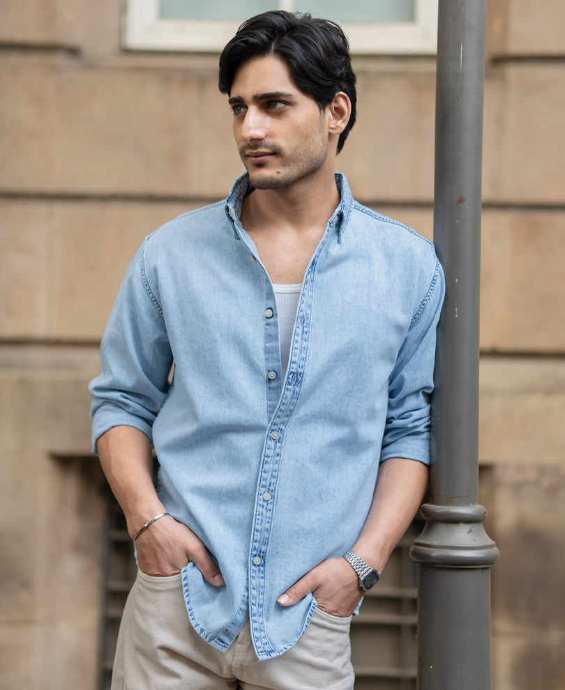 Light Blue Washed Button Down Shirt 100% Cotton