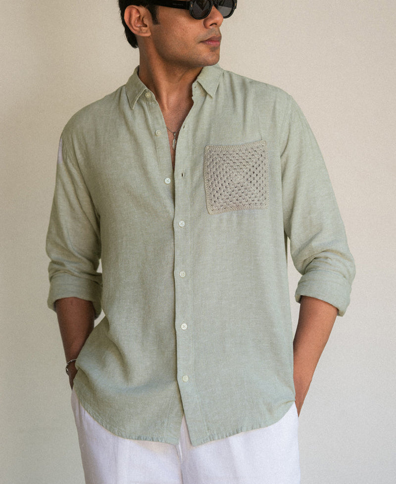 Sage Linen Blend Crochet Shirt