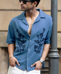 Mid Blue Embroidered Denim Shirt 100% Cotton
