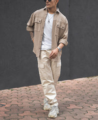 Camel Structured Double Pockets Shacket Oversized Shirt