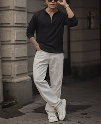 Black Knitted Regular Fit Full Sleeves T Shirt 100% Cotton