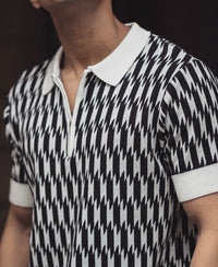 White and Black Knitted Regular Fit Half Sleeves Zipper T Shirt 100% Cotton