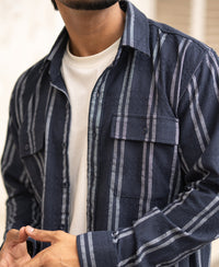 Navy Blue Striped Regular Fit Full Sleeves Shirt