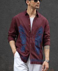 Wine Embroidered Linen Blend Shirt