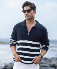 Navy Striped Zipper Neck T-Shirt 100% Cotton