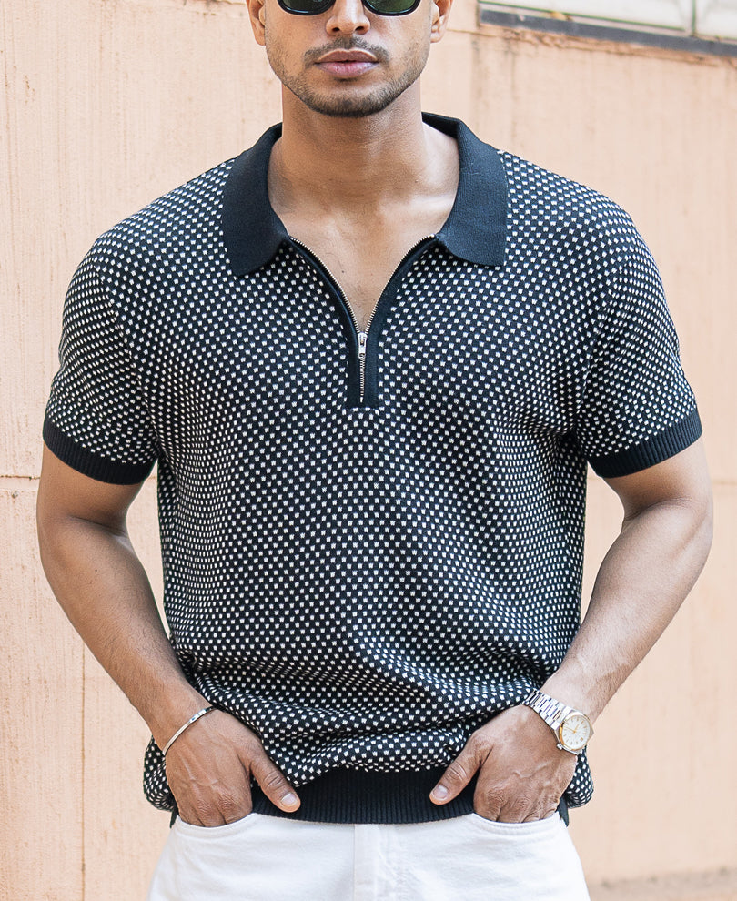 Black Jacquard Knit Polo T-Shirt 100% Cotton