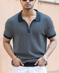 Black Jacquard Knit Polo T-Shirt 100% Cotton