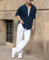 Navy Crinkled Shirt With Pockets 100% Cotton