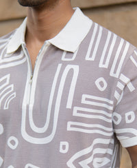 Grey Contrast Printed Polo T-Shirt 100% Cotton