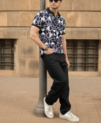 Black Geometric Knit Polo T-Shirt 100% Cotton