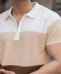 Earthy Stripe Zipper Polo T-Shirt 100% Cotton