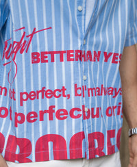 Blue Slogan Print Stripe Shirt 100% Cotton