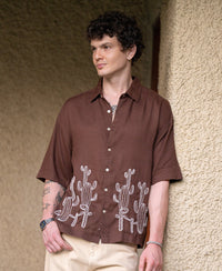 Brown Linen Blend Embroidery Shirt