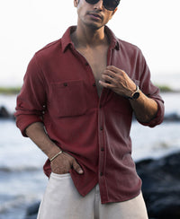 Wine Structured Knit Shirt With Pockets