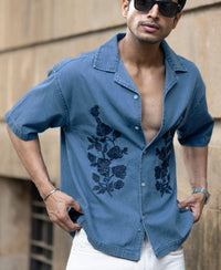 Mid Blue Embroidered Denim Shirt 100% Cotton
