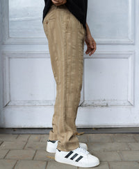 Beige Structured Pleated Cotton Trousers