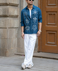 Blue Linen Blend Embroidery Shirt