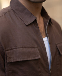 Coffee Brown Linen Blend Zipper Shirt