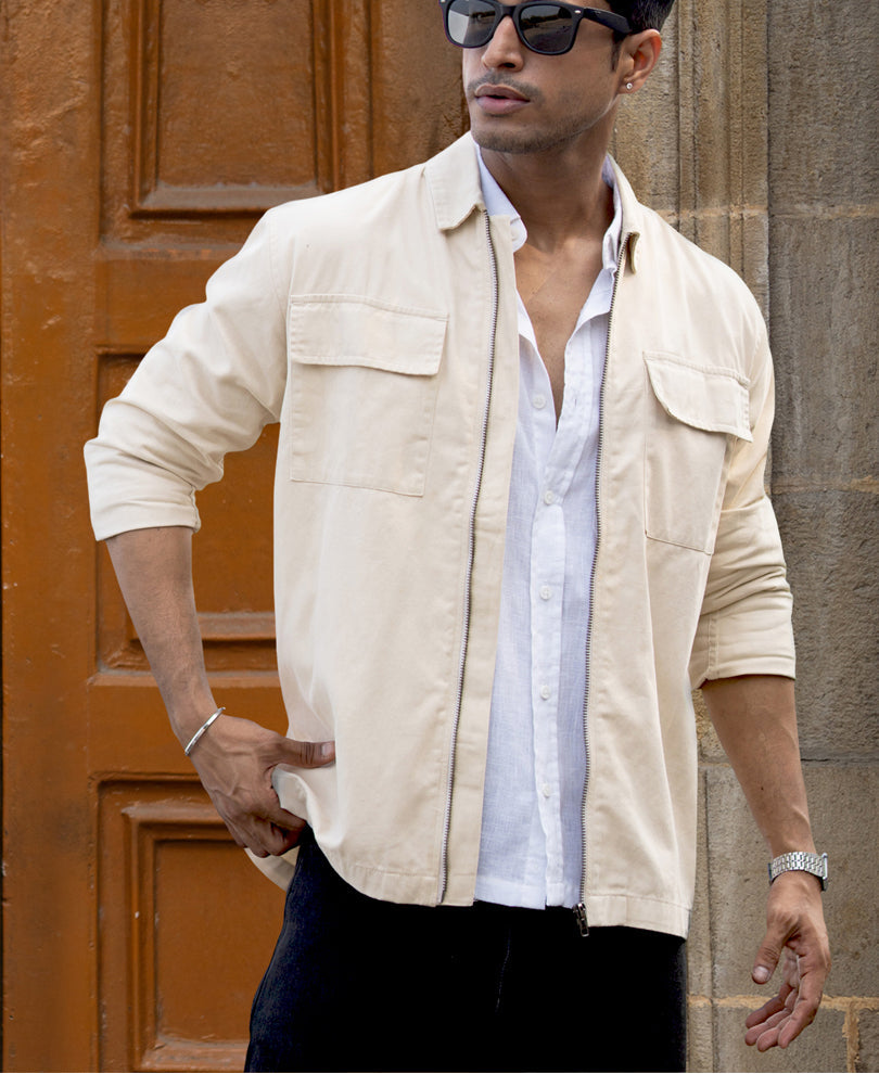 Light Beige Structured Zipper Overshirt 100% Cotton