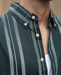 Dark Green Stripped Button Down Shirt 100% Cotton