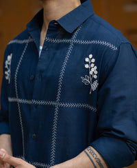 Navy Embrpoidery Linen Blend Shirt