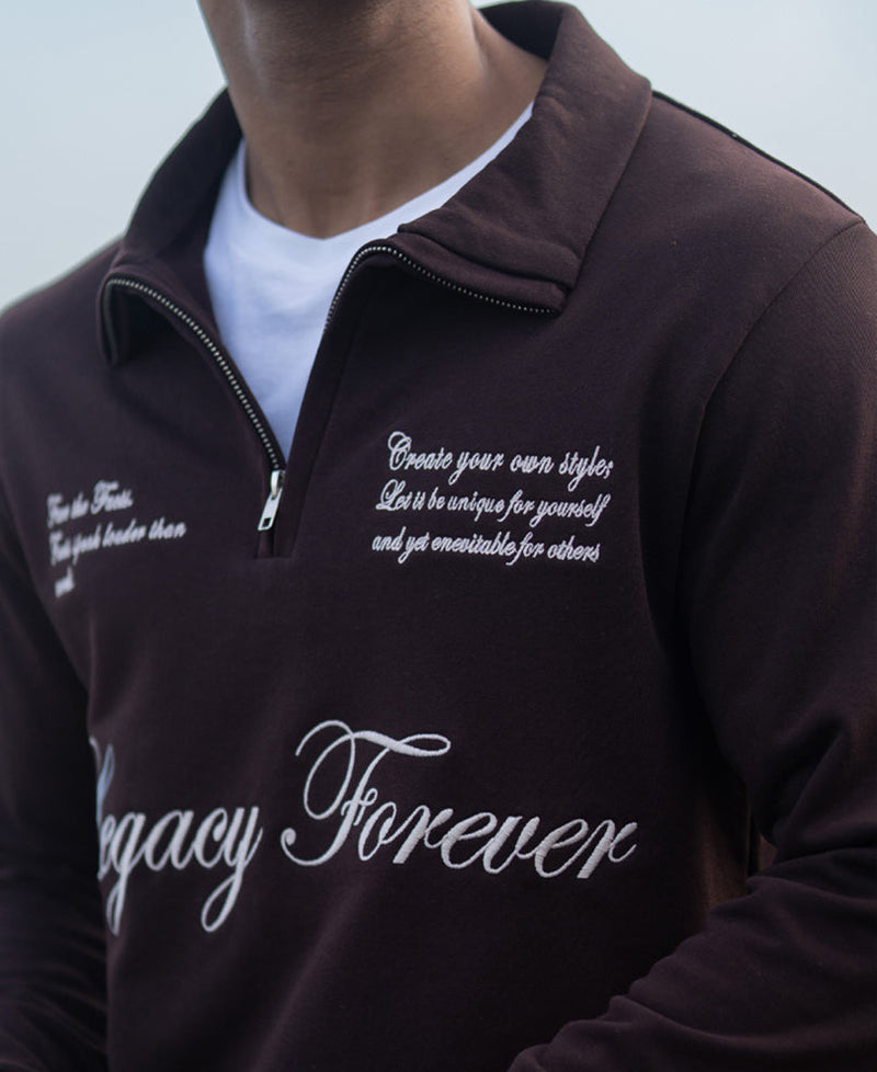 Brown Embroidered Quarter Zip T-Shirt