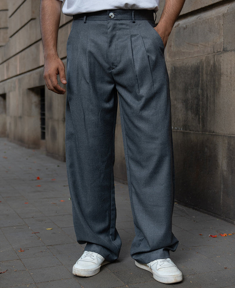 Grey Pleated Baggy Trousers