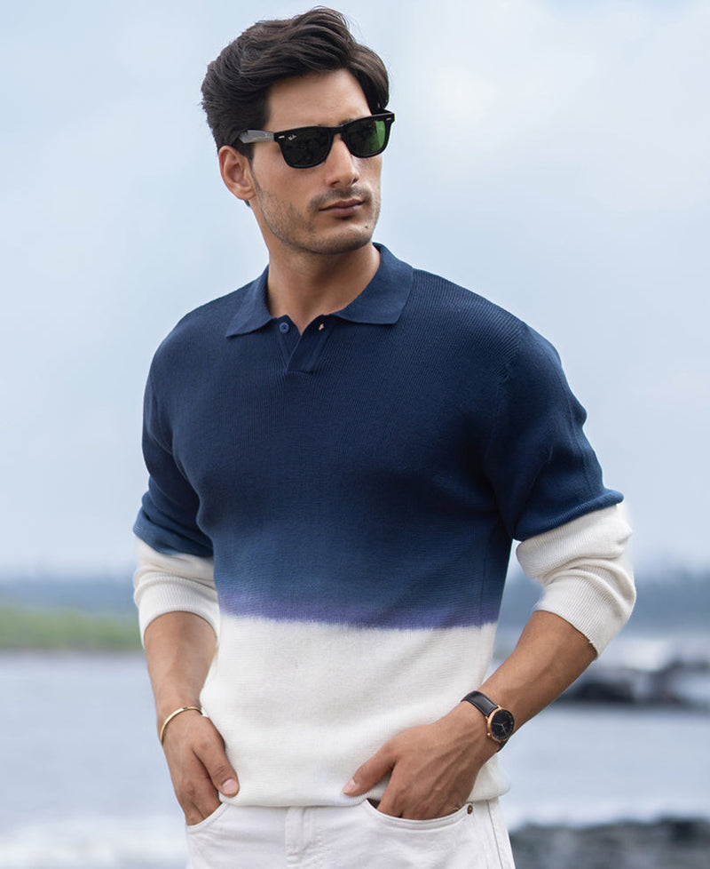 Dark Blue Knitted Ombre T-Shirt 100% Cotton