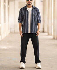 Navy Blue Striped Regular Fit Full Sleeves Shirt