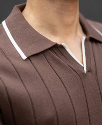 Brown Structured Knit Polo T-Shirt 100% Cotton