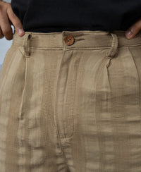 Beige Structured Pleated Cotton Trousers