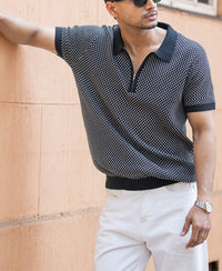 Black Jacquard Knit Polo T-Shirt 100% Cotton