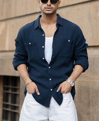 Navy Crinkled Shirt With Pockets 100% Cotton