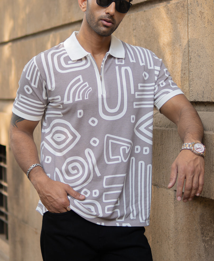 Grey Contrast Printed Polo T-Shirt 100% Cotton