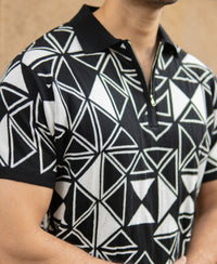 Black Geometric Knit Polo T-Shirt 100% Cotton