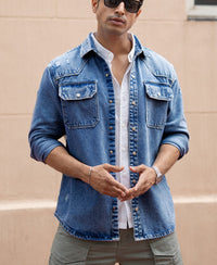 Mid Blue Distressed Denim Overshirt