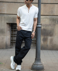 White Knitted Regular Fit Henley T-Shirt 100% Cotton