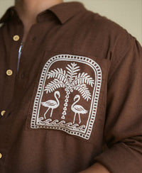 Brown Linen Blend Embroidery Shirt