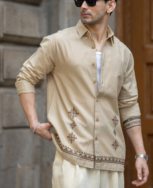 Beige Linen Blend Embroidered Shirt