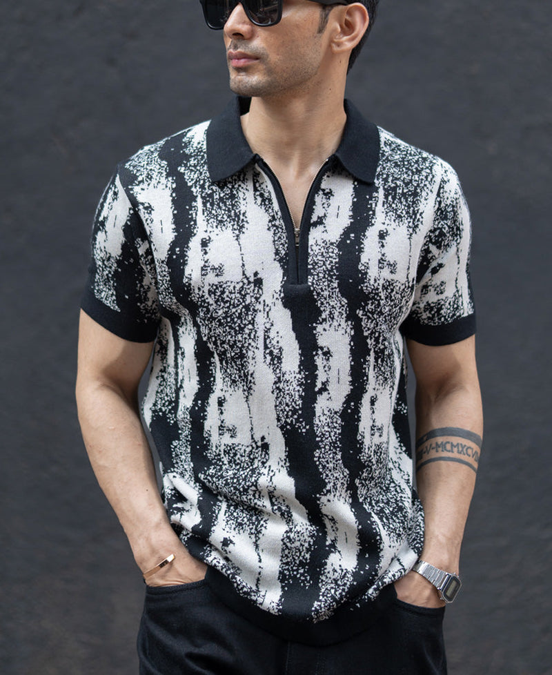 Black White Jacquard Knit T-Shirt 100% Cotton