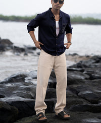 Navy Linen Blend Embroidery Shirt