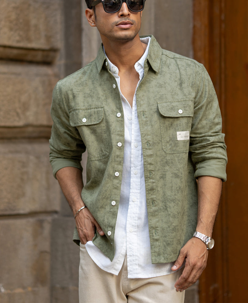 Green Printed Structure Shirt 100% Cotton