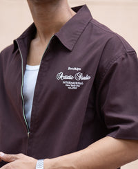 Brown Embroidered Boxy Shirt 100% Cotton