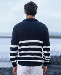 Navy Striped Zipper Neck T-Shirt 100% Cotton
