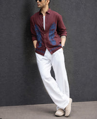 Wine Embroidered Linen Blend Shirt