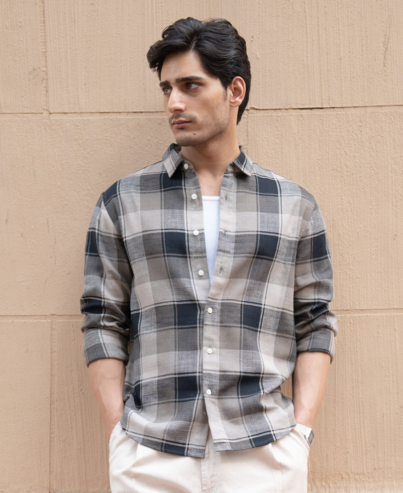 Olive & Black Structured Checks Shirt 100% Cotton