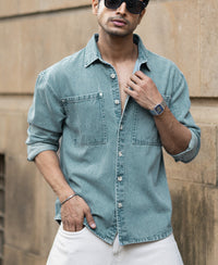 Mid Blue Washed Denim Shirt 100% Cotton