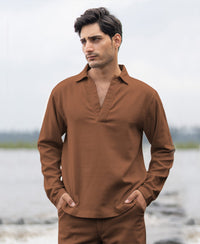 Brown Structured Cotton Kurta Shirt