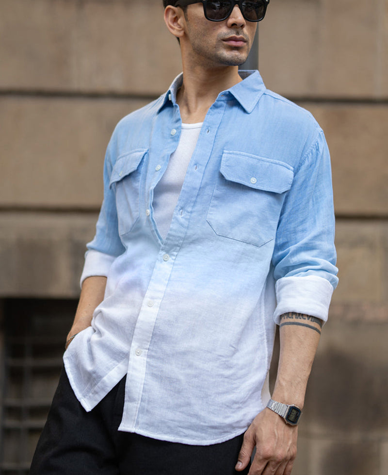 Blue Double Pocket Ombre Shirt 100% Cotton